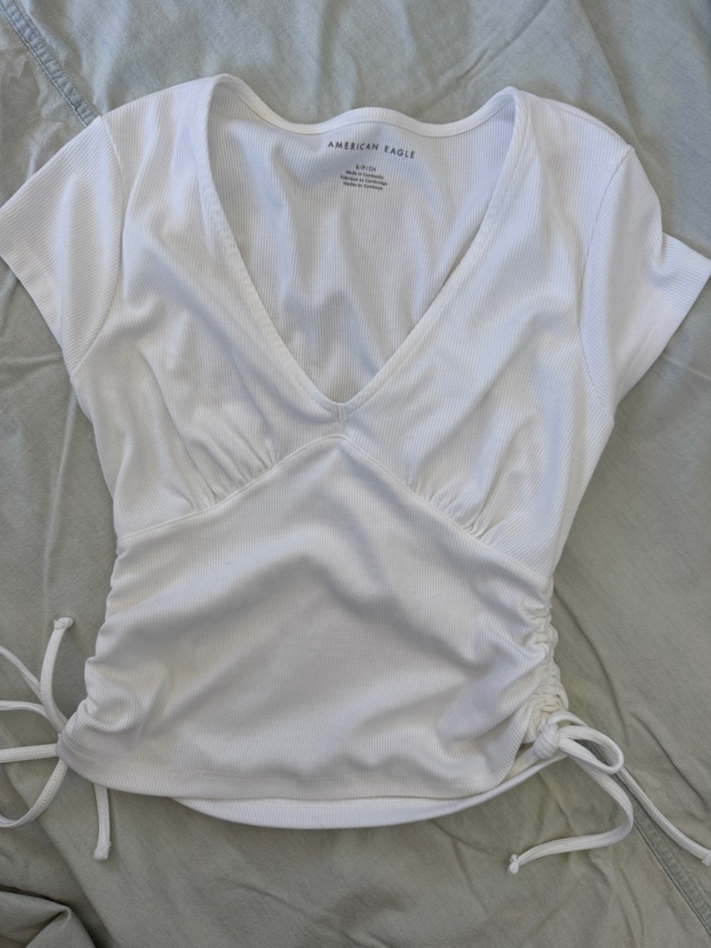 American Eagle Outfitters White V-Neck Ribbed Short Sleeve Top with Side Ties
